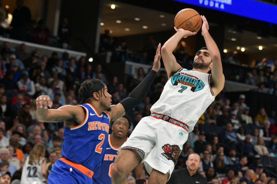 <strong>Memphis Grizzlies forward Santi Aldama (7) shoots against New York Knicks guard Miles McBride (2) on Friday, Feb. 28, 2025.</strong> (Brandon Dill/AP)