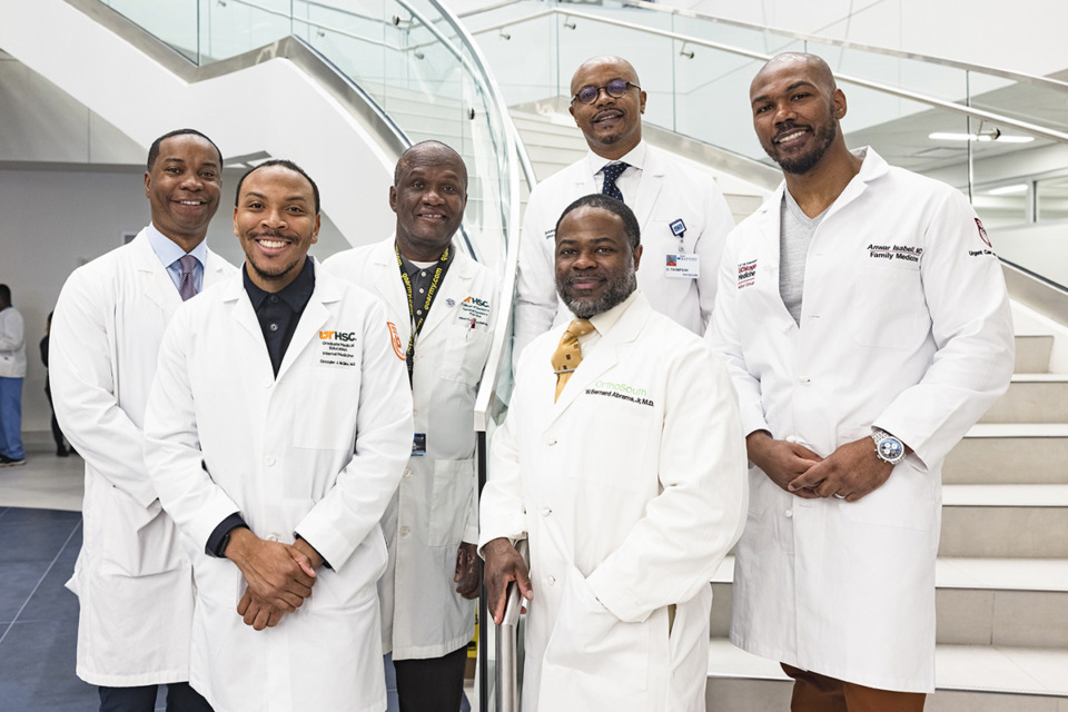 <strong>Black Men in White Coats hosted its annual STEM youth summit at Baptist Health and Sciences Center in the Medical District on Feb. 22. From right to left: Dr. Anwar Isabell, Dr. Deaunte Thompson, Dr. W. Bernard Abrams, Jr., Dr. Albert F. Gruber, Dr. Christopher J. McClare and Dr. Lou Arrindell posed for a photo at the event.</strong> (Ziggy Mack/Special to The Daily Memphian)