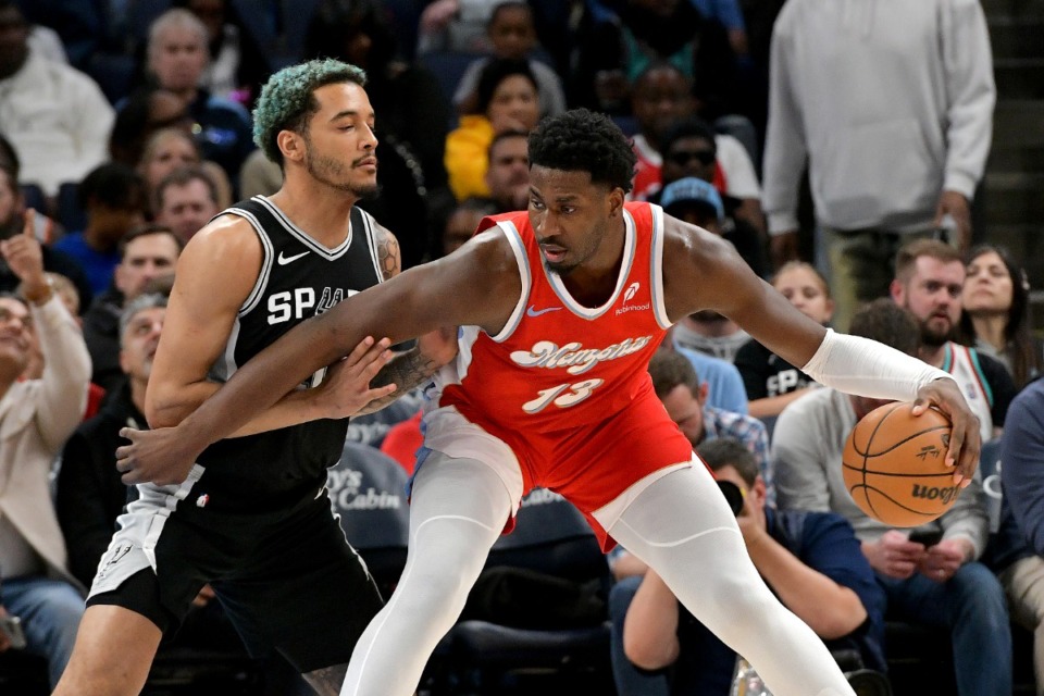 <strong>Memphis Grizzlies forward Jaren Jackson Jr. (13) handles the ball against San Antonio Spurs forward Jeremy Sochan in the first half of an NBA basketball game Saturday, March 1 at FedExForum.</strong> (Brandon Dill/AP)