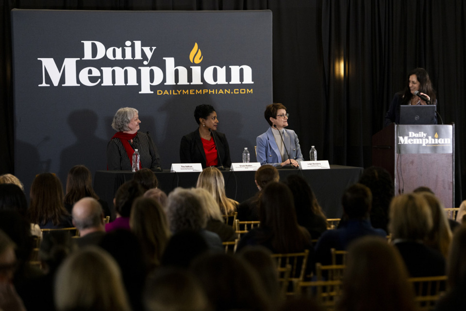 <strong>From left, Tina Sullivan, former executive director of the Overton Park Conservancy; Ursula Madden, vice president of corporate communications at MLGW; Leigh Mansberg, president and CEO of Junior Achievement of Memphis; and Mary Cashiola, editorial director of The Daily Memphian, during the Women and Business seminar hosted by The Daily Memphian at the Memphis Botanic Garden on Thursday, Feb. 27, 2025.</strong> (Brad Vest/Special to The Daily Memphian)