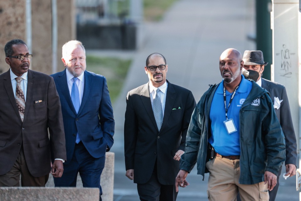 <strong>Shelby County Commissioner Edmund Ford, Jr. (center) enters the Odell Horton Federal Budling Feb. 28, 2025.</strong> (Patrick Lantrip/The Daily Memphian)