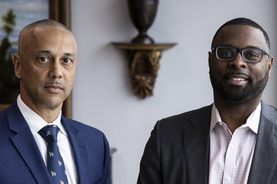 <strong>Memphis Mayor Paul Young, right, and Memphis&rsquo; public safety consultant, Fausto Pichardo meet at City Hall.</strong> (Brad Vest/Special to The Daily Memphian)