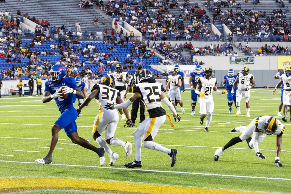 <strong>Tennessee State University's Karate Brenson runs in for a touchdown during Saturday&rsquo;s Arkansas Pine-Bluff vs. TSU game in the 2024 Southern Heritage Classic at Simmons Bank Liberty Stadium.</strong> (Brad Vest/Special to The Daily Memphian)