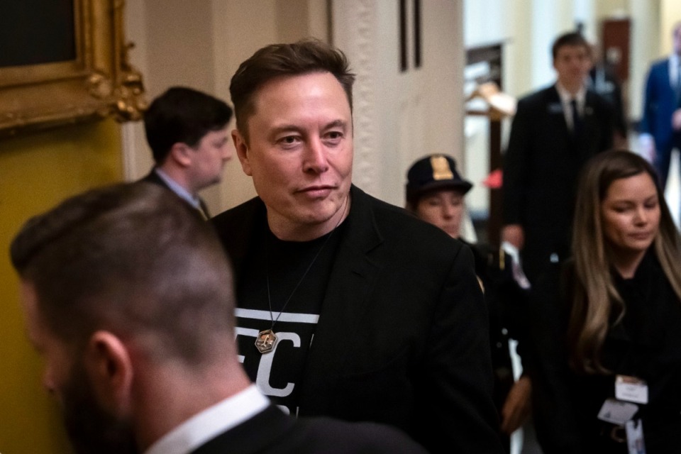 <strong>Elon Musk leaves after meeting with Senate Republicans at the Capitol in Washington on March 5.&nbsp;</strong>(Ben Curtis/AP file)