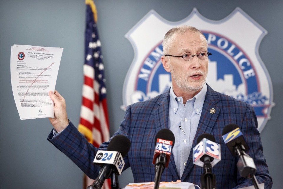 <strong>Sen. Brent Taylor presents his cast for the ouster of Shelby County District Attorney Steve Mulroy during a press conference on Thursday, Jan. 9, 2025.</strong> (Mark Weber/The Daily Memphian)