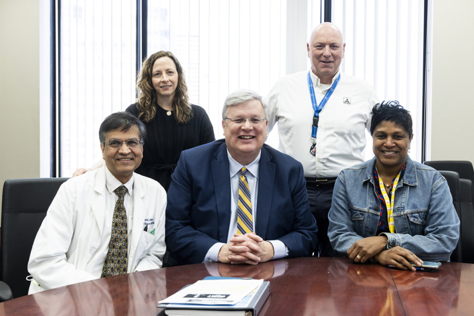 <strong>From left: Dr. Manoj Jain; Memphis Light, Gas and Water&rsquo;s Vice President and General Counsel Jennifer Sink; former Memphis Mayor Jim Strickland; MLGW's President and CEO Doug McGowen, and MLGW's Vice President of Corporate Communications Ursula Madden work on the City of Memphis&rsquo; early response to COVID-19.</strong> (Brad Vest/Special to The Daily Memphian)