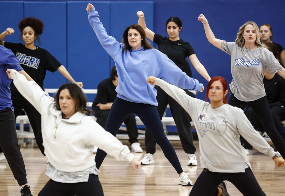 <strong>Members of 1980s-era University of Memphis Pom Squad rehearse for an anniversary performance on Friday, March 7, 2025.</strong> (Mark Weber/The Daily Memphian)