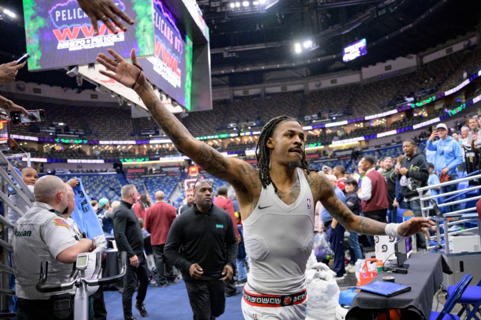 <strong>Memphis Grizzlies guard Ja Morant (12) runs off the court after an NBA basketball game against the New Orleans Pelicans in New Orleans, Sunday, March 9, 2025.</strong> (Matthew Hinton/AP Photo)