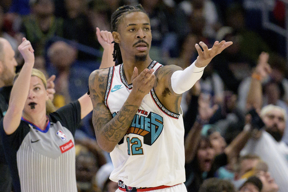 <strong>Memphis Grizzlies guard Ja Morant (12) celebrates a three-point basket during the fourth quarter of an NBA basketball game against the New Orleans Pelicans in New Orleans, Sunday, March 9, 2025.</strong> (Matthew Hinton/AP Photo)