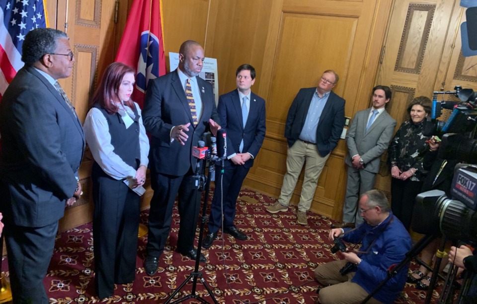 <strong>Priscilla Presley (second from left) expresses support for the&nbsp;Rock &rsquo;n&lsquo; Soul Museum at a press conference on Monday, March 10, 2025, in Nashville.</strong> (Benjamin Smith/The Daily Memphian)