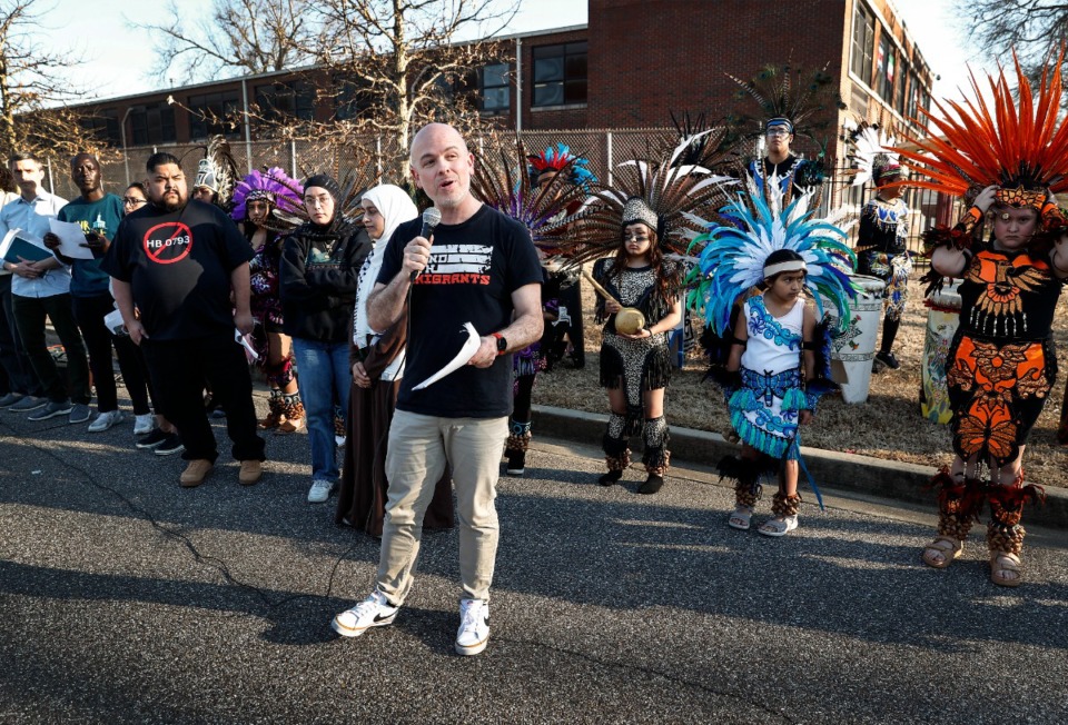 <strong>Mauricio Calvo (middle) speaks during a rally on March 10 opposing Tennessee Senate Bill 836 and House Bill 793, legislation which would make it difficult for immigrant children to attend public schools.</strong> (Mark Weber/The Daily Memphian)