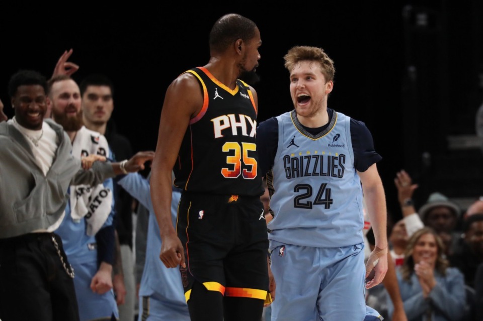 <strong>Memphis Grizzlies guard Cam Spencer (24) gives Phoenix Suns forward Kevin Durant (35) an earful on March 10, 2025.&nbsp;&ldquo;Yeah, I knew exactly who it was, yeah,&rdquo; he said.</strong> (Nikki Boertman/AP)