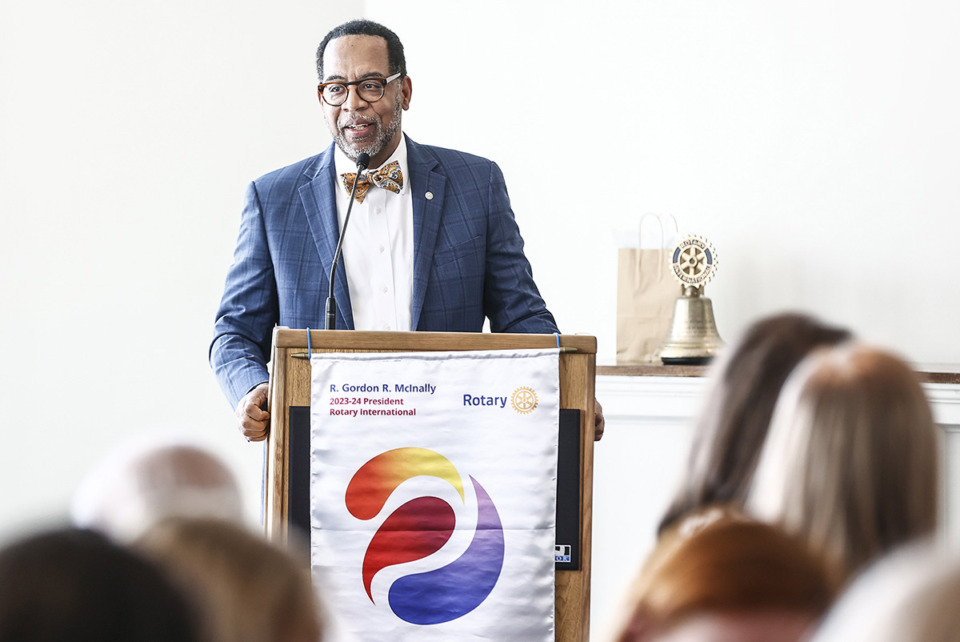 <strong>Regional One Health President and CEO Dr. Reginald Coopwood speaks at the Rotary Club luncheon April 23, 2024.</strong> (Mark Weber/The Daily Memphian file)