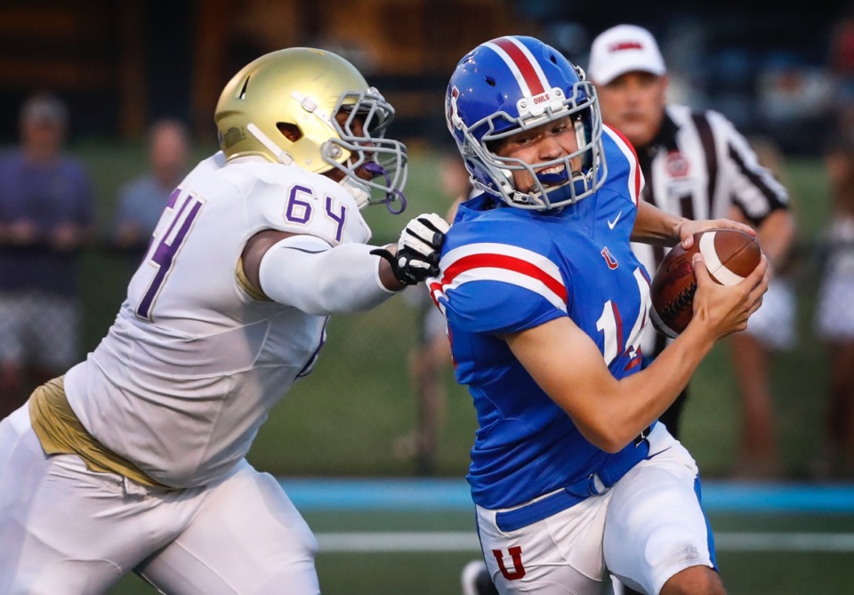 <strong>Quarterback Vaught Benge (right) led MUS past CBHS Sept. 6 to keep the Owls undefeated. This week they take on equally undefeated Melrose.</strong> (Mark Weber/Daily Memphian)