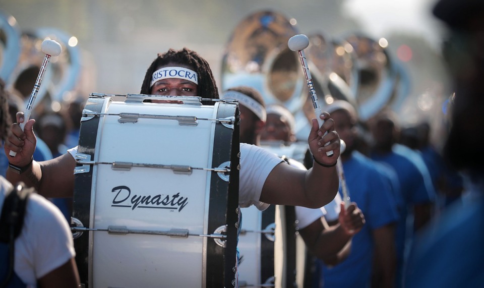 <strong>Members of Tennessee State's Aristocrat of Bands perform during the Southern Heritage Classic Parade on Park Avenue in Orange Mound on Sept.14, 2019. The annual parade, presented by the Orange Mound Community Parade Committee (OMCPC), marks the 30th anniversary of the SHC football game with marching bands, majorettes, fancy cars and lots of tossed candy.</strong> (Jim Weber/Daily Memphian)