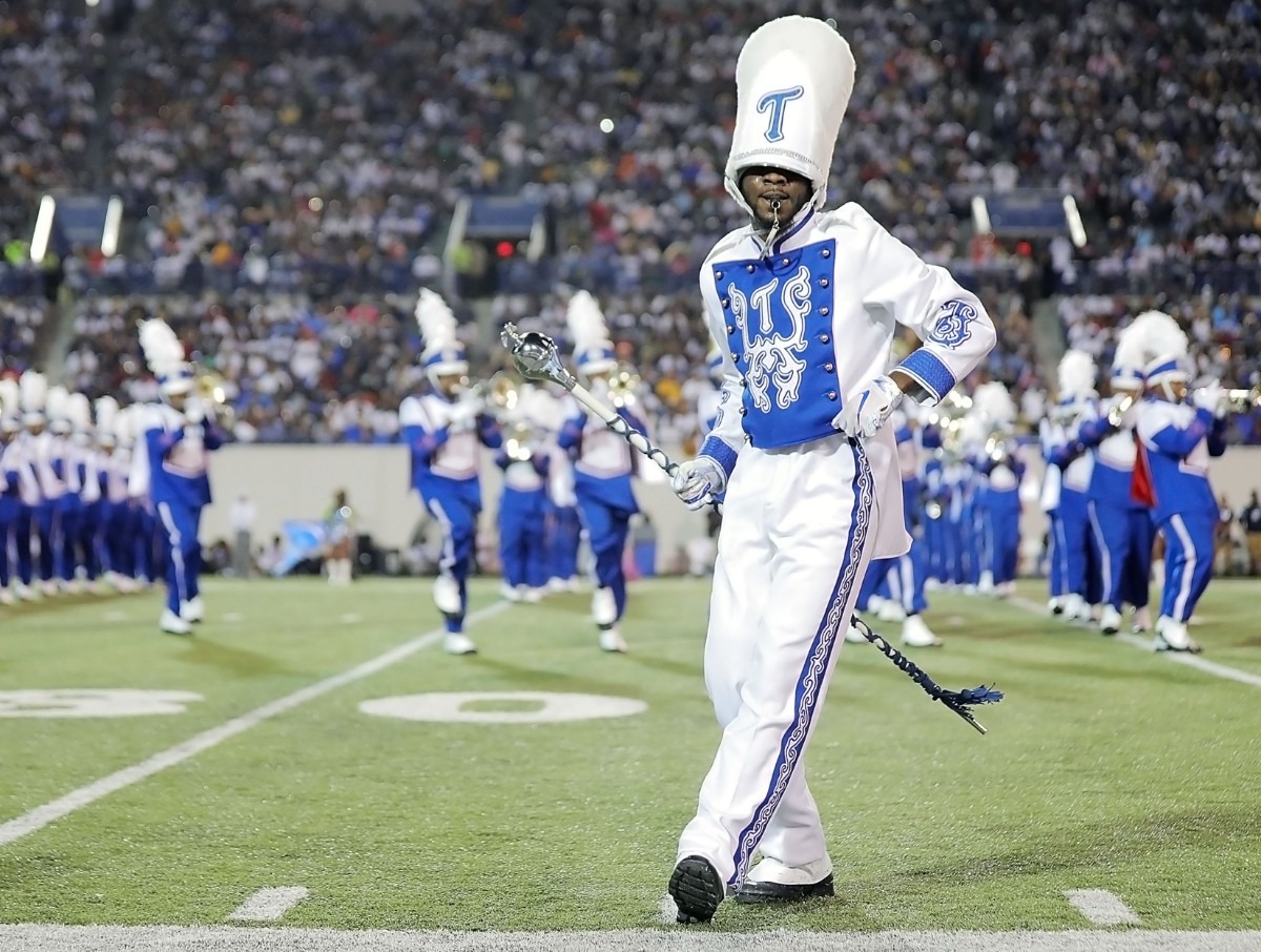 <strong>A Tennessee State University band leader dances in front of the TSU powder-blue formation during the halftime show for the 30th annual Southern Heritage Classic at the Liberty Bowl Memorial Stadium on Saturday, Sept. 14, 2019.</strong> (Patrick Lantrip/Daily Memphian)