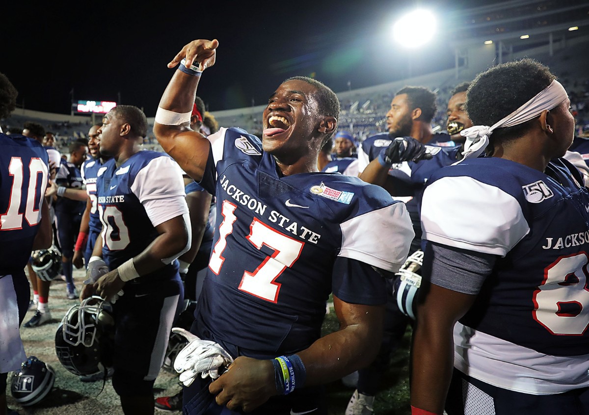 <strong>Jackson State University running back Jordan Johnson (17) celebrates after a 49-44 victory over rival Tennessee State at the 30th annual Southern Heritage Classic at Liberty Bowl Memorial Stadium on Saturday, Sept. 14, 2019.</strong> (Patrick Lantrip/Daily Memphian)