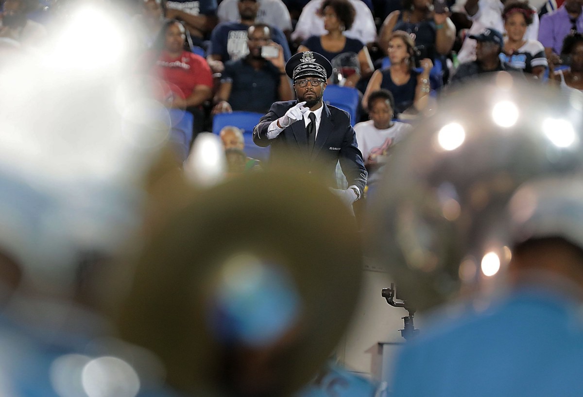 <strong>The conductor for the Jackson State University band directs his group during a performance of "I Will Always Love You" during the halftime show at the 30th annual Southern Heritage Classic at&nbsp; Liberty Bowl Memorial Stadium on Saturday, Sept. 14, 2019.</strong> (Patrick Lantrip/Daily Memphian)