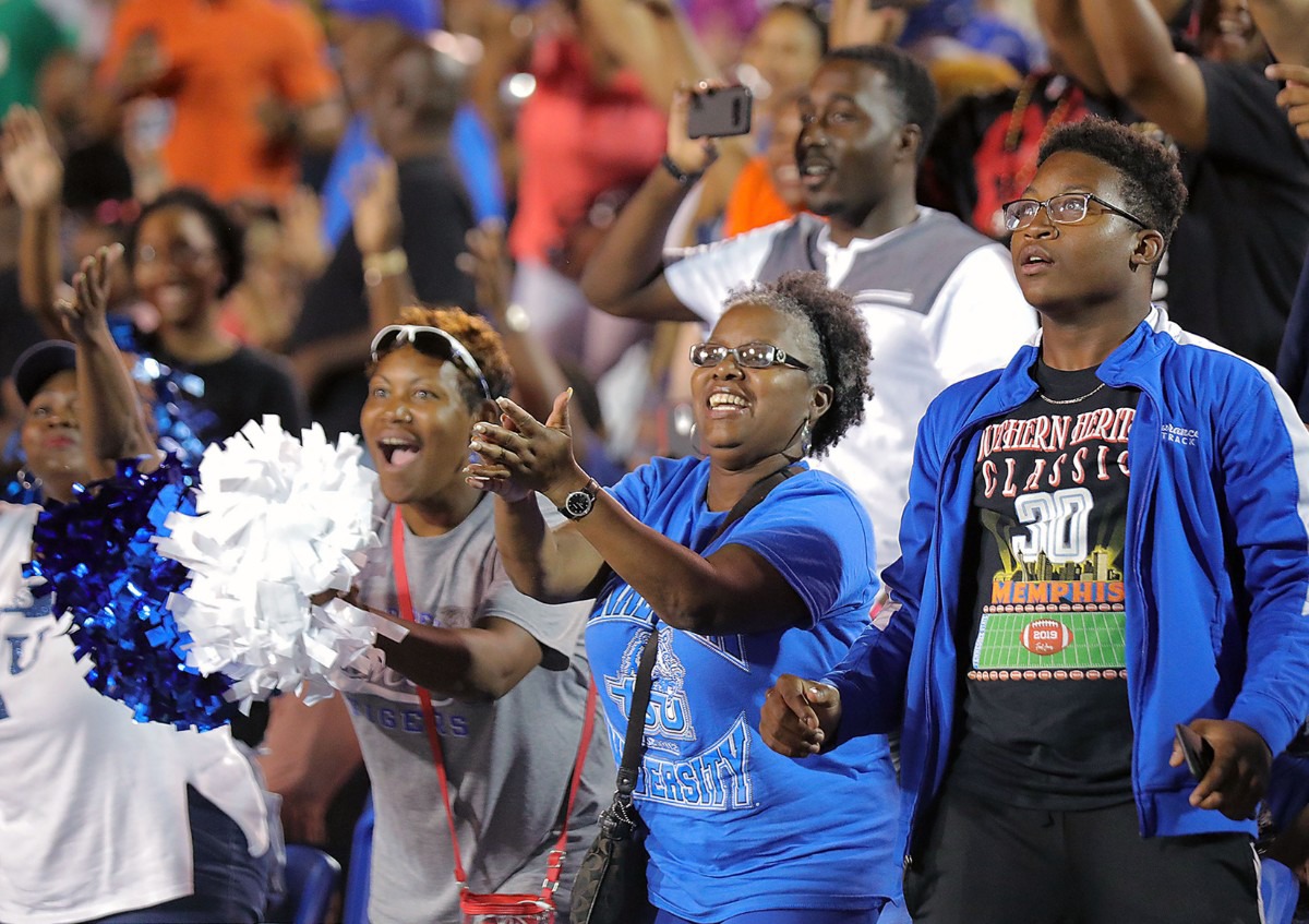 <strong>Tennessee State University fans react to their team's halftime performance at the 30th annual Southern Heritage Classic at Liberty Bowl Memorial Stadium on Saturday, Sept. 14, 2019.</strong> (Patrick Lantrip/Daily Memphian)