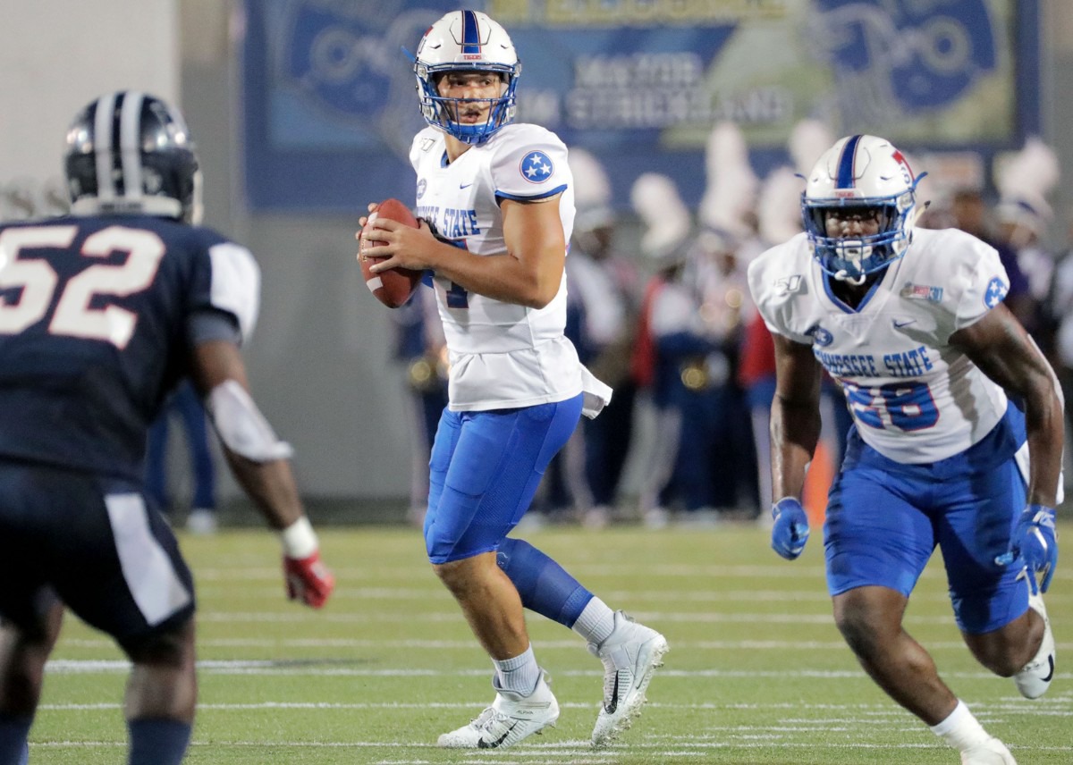 <strong>Tennessee State University quarterback Cameron Rosendahl (17) searches for an open receiver during the 30th annual Southern Heritage Classic at the Liberty Bowl Memorial Stadium in Memphis on Saturday, Sept. 14, 2019.</strong> (Patrick Lantrip/Daily Memphian)