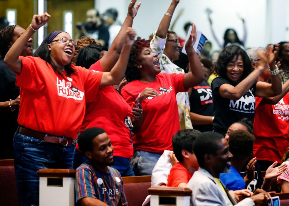<strong>Members of New Direction Christian Church cheer during roll call for member organizations during the second meeting of the Memphis Interfaith Coalition for Action and Hope (MICAH) at the Mt. Vernon Baptist Church on Sunday, Sept. 15, 2019.</strong> (Mark Weber/Daily Memphian)