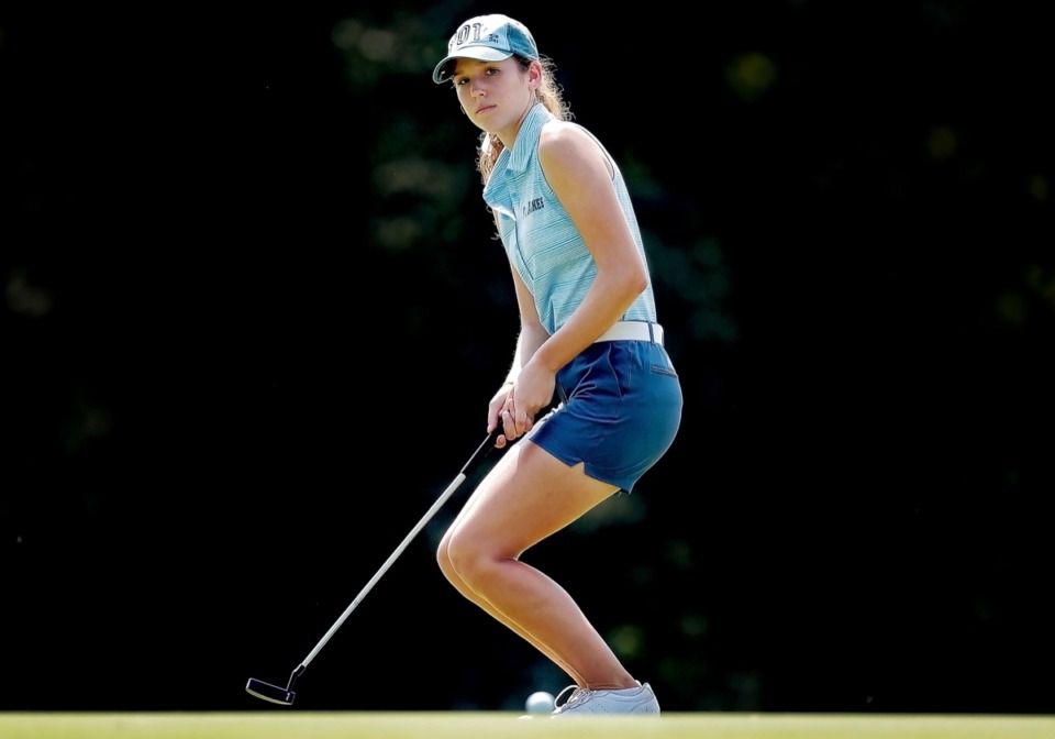 <strong>Rachel Heck from St. Agnes reacts to a missed birdie putt on the 18th hole during the Division 2 girls region golf tournament at Windyke Sept. 19. Heck finished a seven under par to win the tournament.</strong> (Jim Weber/Daily Memphian)