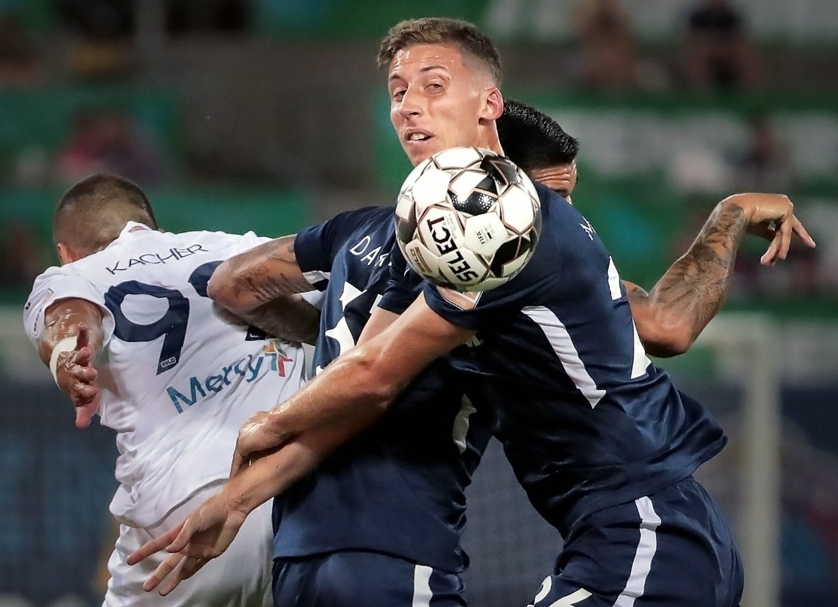 <strong>Memphis defender Josh Morton looks for the ball after a collision with the St. Louis FC squad's Masta Kacher (left) during 901FC's 1-0 win over St. Louis at AutoZone Park on Sept. 21, 2019.</strong> (Jim Weber/Daily Memphian)