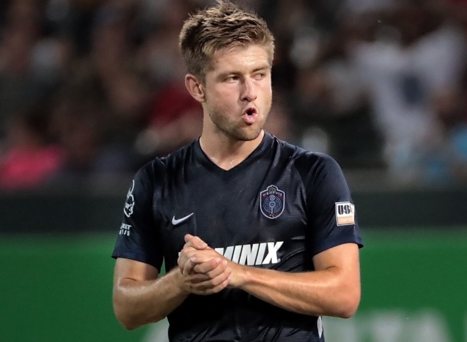 <strong>Memphis midfielder Cam Lindley reacts after a near miss on a penalty kick during 901FC's 1-0 win over St. Louis at AutoZone Park on Sept. 21, 2019.</strong> (Jim Weber/Daily Memphian)