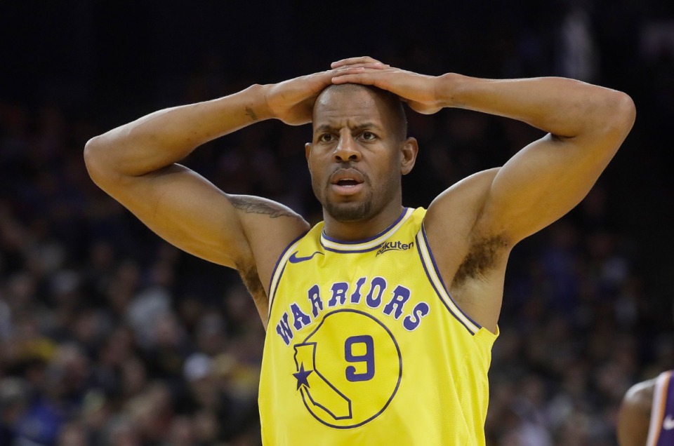 <strong>Golden State guard Andre Iguodala (9), traded to Memphis over the summer, has indicated he prefers not to join the Grizzlies.</strong> (Jeff Chiu/AP)