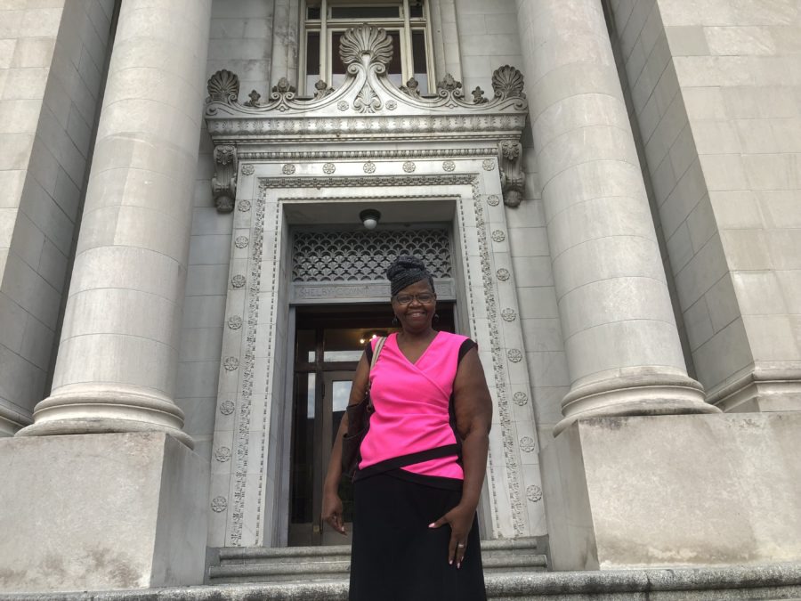 <div class="img-wrapper"><div class="img-credit"><div class="credit"><strong>Shirley Quinn, the fired secretary at Trezevant High School, stands in front of Shelby County Circuit Court last week.</strong> (<span>Laura Faith Kebede/Chalkbeat)</span></div></div></div>