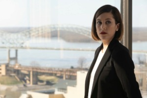 <strong>Caitlin McGee is Sydney Strait, whose office window frames the Hernando de Soto Bridge in "Bluff City Law."</strong> (Jake Giles Netter/NBC)