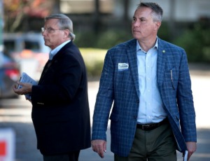 <strong>John Barzizza (left) had sued the Shelby County Election Commission after his narrow loss in the Germantown mayoral race to Mike Palazzolo (right). They were both campaigning at the Riveroaks Reformed Presbyterian Church polling location on Nov. 6, 2018.</strong> (Jim Weber/Daily Memphian file)