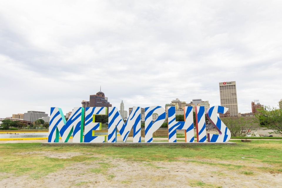 <strong>The "MEMPHIS" sign on Mud Island got its tiger stripes Tuesday to celebrate the University of Memphis and Tiger Athletics. The stripes are a temporary installation added by the sign's original designer, Youngblood Studio.&nbsp;</strong>(Courtesy of DCA)