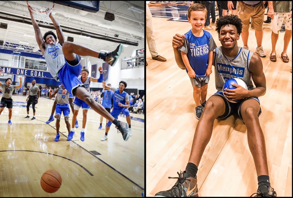 <strong>Two pictures taken Tuesday night capture James Wiseman's athleticism and empathy. LEFT: Wiseman leaps high to finish off a dunk during the Tigers' open practice.</strong> (Mark Weber/Daily Memphian) <strong>RIGHT: Wiseman sits on the floor to pose with a young fan,&nbsp;</strong><span class="s1"><strong>Landon Laurenzi.</strong> (Submitted photo by Lindsey Laurenzi)</span>