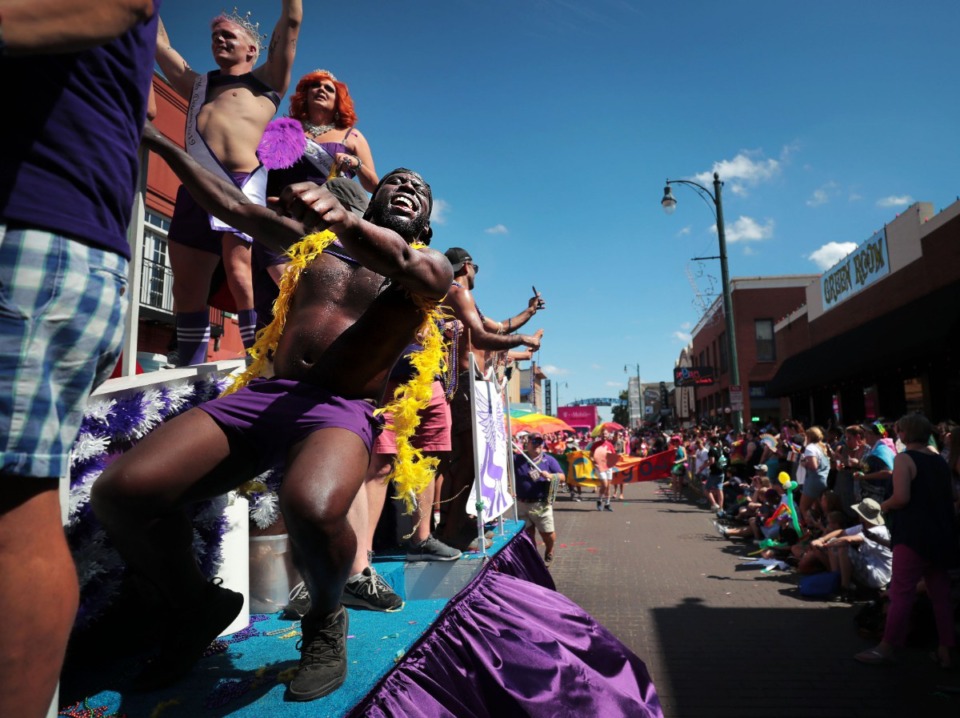 <strong>Corry Franklin dances on the Pegasus float during the 16th annual Memphis Pride Fest parade along Beale Street on Saturday, Sept. 28.</strong> (Jim Weber/Daily Memphian)