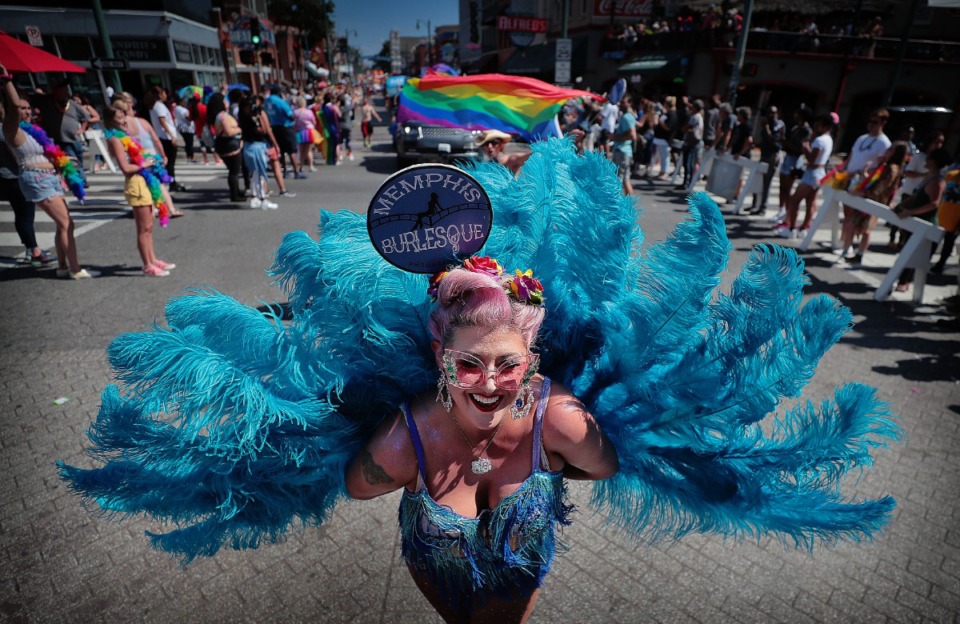 <strong>A dancer with Memphis Burlesque Productions entertains the crowd on Beale Street during the 16th annual Memphis Pride Parade on Saturday, Sept. 28.</strong> (Jim Weber/Daily Memphian)