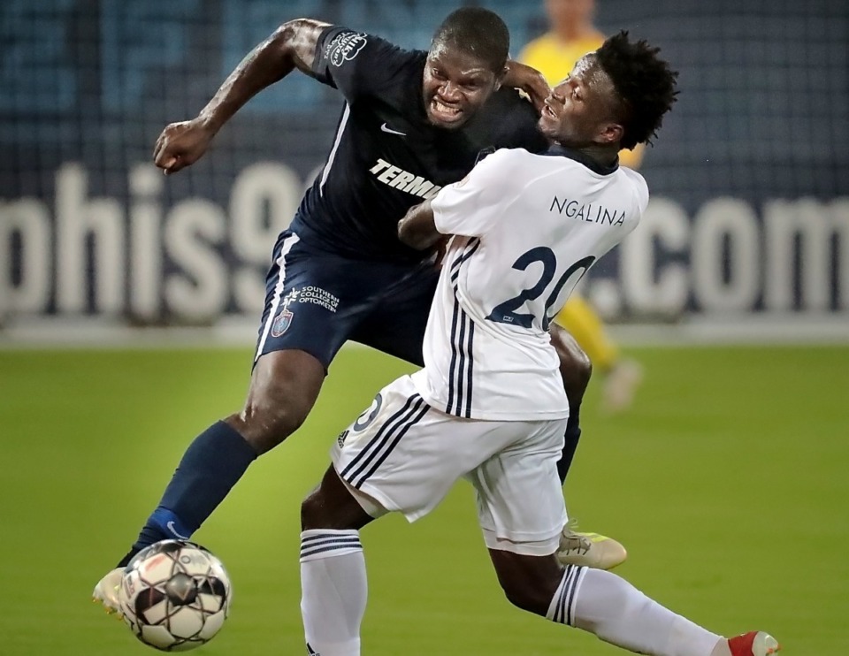 <strong>Memphis midfielder Ewan Grandison battles for control against Bethlehem Steel's Michee Ngalina during 901 FC's 5-0 win at AutoZone Park on Saturday, Sept. 28.</strong> (Jim Weber/Daily Memphian)