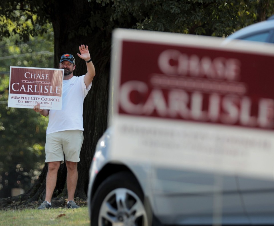 <strong>Memphis City Council hopeful Chase Carlisle stands outside of Davis Community Center to interact with Election Day voters as they come and go on Oct. 3, 2019.</strong> (Patrick Lantrip/Daily Memphian)
