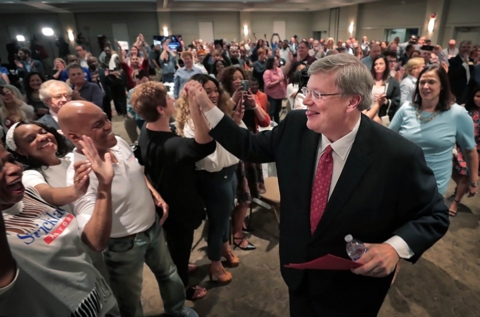 <strong>Memphis Mayor Jim Strickland celebrates with supporters during an election night party at the Memphis Botanic Garden on Oct. 3, 2019, after decisively winning a second term.</strong> (Jim Weber/Daily Memphian)
