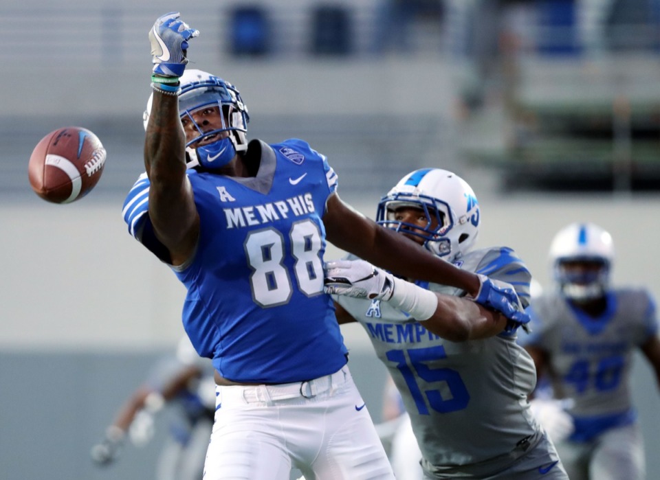 <strong>University of Memphis tight end Tyce Daniel (88), seen here in the Friday Night Stripes scrimmage game Apr. 12, is under consideration to fill the cleats of Sean Dykes, who is injured.</strong> (Houston Cofield/Daily Memphian)