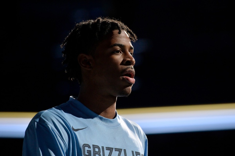 <strong>Memphis Grizzlies guard Ja Morant stands on the court during player introductions before an exhibition NBA basketball game against Maccabi Haifa Sunday at FedExForum.</strong> (Brandon Dill/AP)