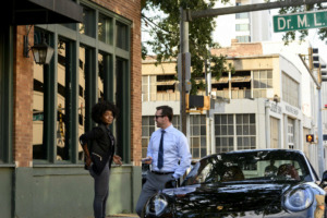 <strong>Colleagues Briana (MaameYaa Boafo) and Jake (Barry Sloane) meet outside of the Strait &amp; Associates offices at Front and MLK in the third episode of "Bluff City Law." </strong>(Katherine Bomboy/NBC)