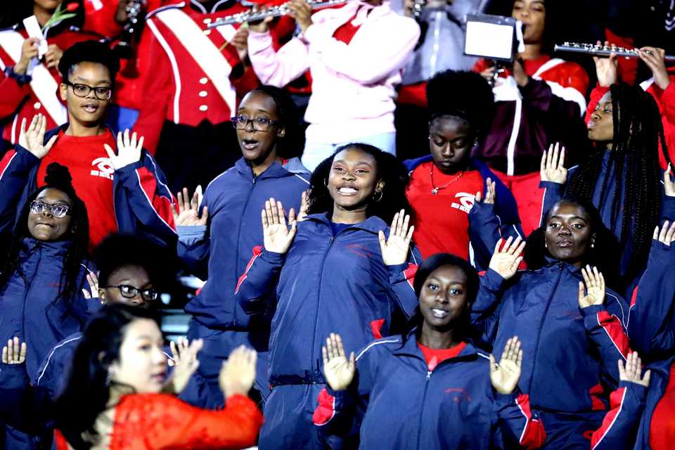 <strong>The Germantown Red Devils band cheers on their team as players take the field on Friday, Oct. 26.</strong>&nbsp;(Houston Cofield/Daily Memphian)