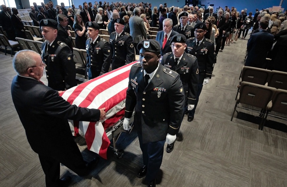 <strong>An honor guard escorts the casket of Major Trevor Joseph after the memorial service at Harvest Church on Oct. 8.</strong> (Jim Weber/Daily Memphian)