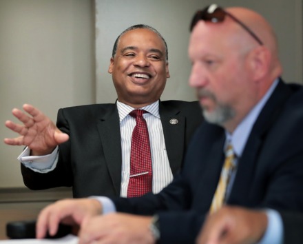 <strong>Division Director Anthony Alexander (left) and Deputy Director Bailey Waits talk about the conservation program at the Shelby County Correctional Center, which has been recognized as a model for green prisons in Tennessee.&nbsp;</strong> (Jim Weber/Daily Memphian)