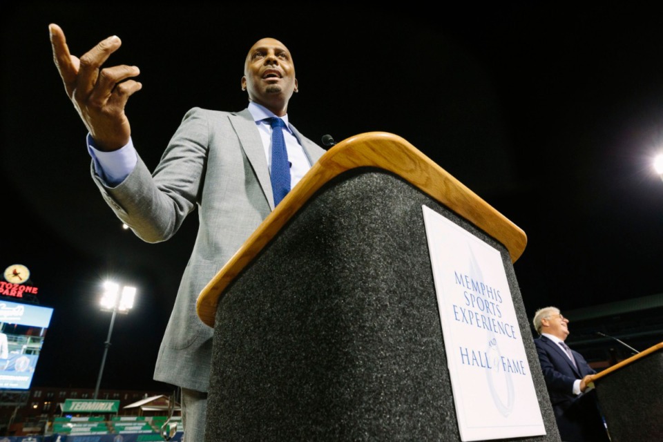 <strong>University of Memphis basketball coach Penny Hardaway gives his acceptance speech at the inaugural Memphis Sports Hall of Fame induction ceremony at AutoZone Park on Oct. 10, 2019.</strong> (Ziggy Mack/Special to The Daily Memphian)