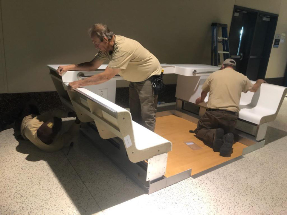<strong>Shelby County workers assemble West Tennessee's first lactation pod, located at FedExForum. The county bought the pod in June.</strong> (Courtesy office of Shelby County Mayor Lee Harris)