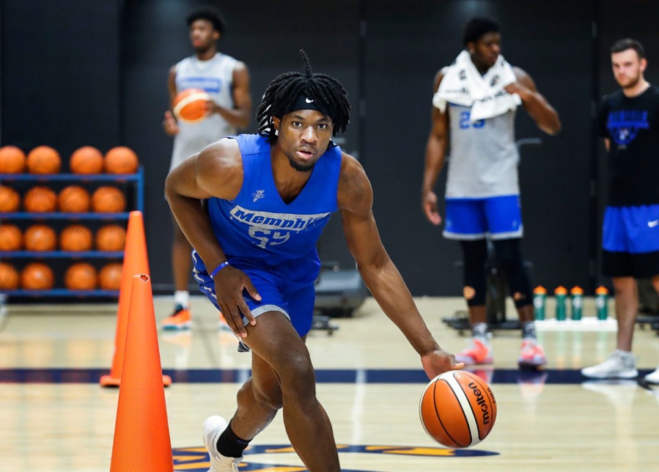 <strong>University of Memphis forward Precious Achiuwa works on his dribbling skills during practice Tuesday, Aug. 6, 2019.</strong> (Mark Weber/Daily Memphian).