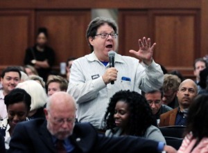 <strong>Charles Belenky argues against Gov. Bill Lee's block grant proposal for Medicaid during a town hall meeting at the University of Memphis Oct. 15.</strong> (Patrick Lantrip/Daily Memphian)