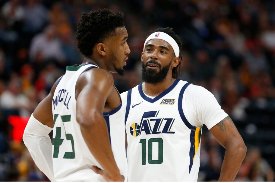 <strong>Mike Conley (10) and Donovan Mitchell (45) give the Utah Jazz a dynamic backcourt.</strong> (Rick Bowmer/AP)